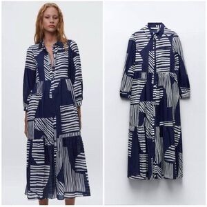 Zara Navy and White Geometric Midi Dress